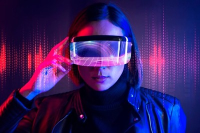 woman wearing VR audio glasses