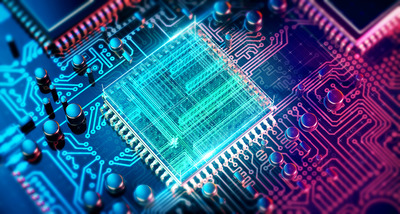 Semiconductor chip reflecting neon lights